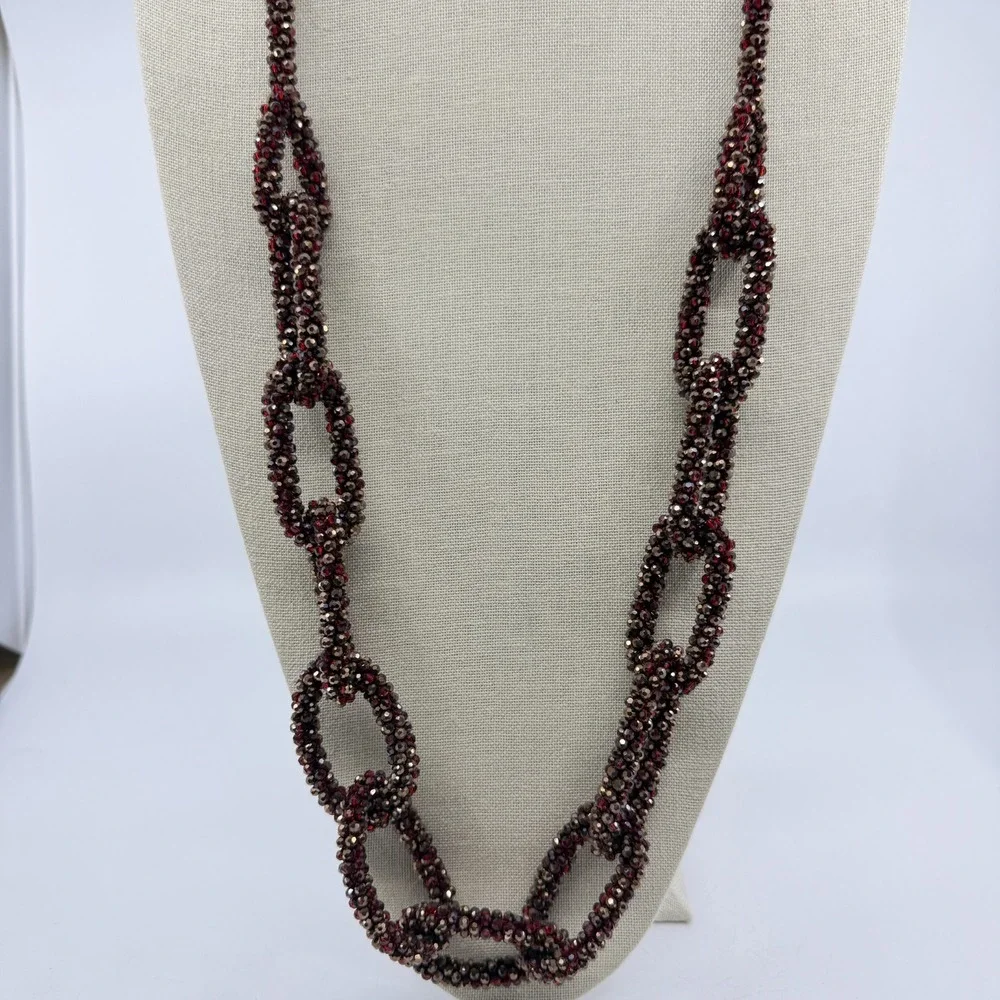Red Bronze Tone Faceted Bead Woven Chain Link Long Necklace Statement Jewelry